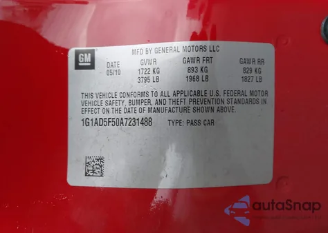 2010 Chevrolet Cobalt Lt from USA, damaged, VIN 1G1AD5F50A7231488